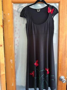 Vintage black red butterfly bebe midi dress